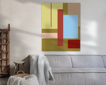 Geometric retro color blocks in olive green, light blue, red and yellow by Dina Dankers