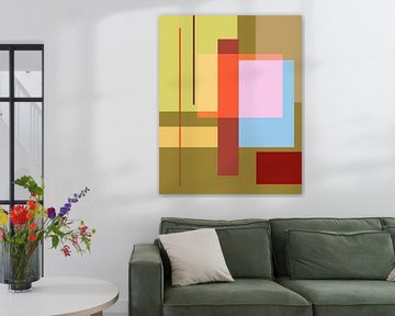Geometric retro color blocks in neon red, pink, blue, gold and green by Dina Dankers