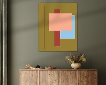 Geometric retro color blocks in salmon, warm brown, light blue and olive green by Dina Dankers