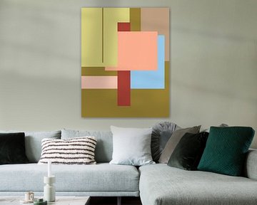 Geometric retro color blocks in green, yellow, pink, warm brown, blue by Dina Dankers