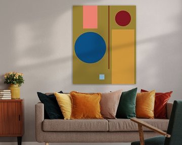Geometric retro color blocks in cobalt blue, warm brown, pink, ocher yellow, olive green and light blue by Dina Dankers