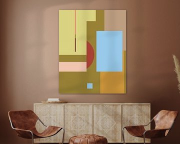 Geometric retro color blocks in light blue, olive green, ocher yellow, pink, red and yellow by Dina Dankers
