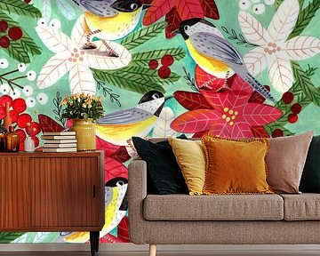 Wintervögel Meisen zwischen Weihnachtsblumen von Caroline Bonne Müller