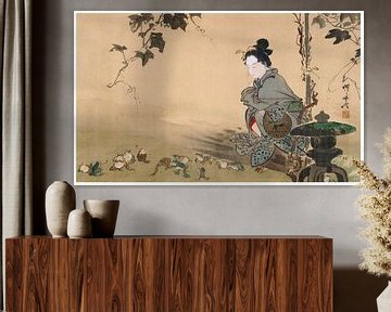 Kawanabe Kyōsai - Schoonheid kijkt naar spelende kikkers van Peter Balan