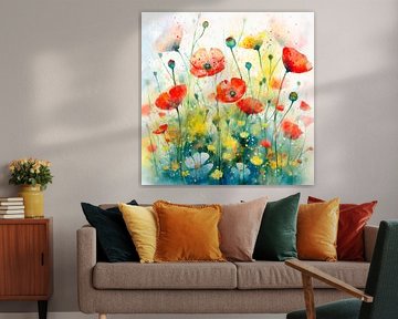 Vrolijk en fris schilderij  van klaprozen en boterbloemen in het gras