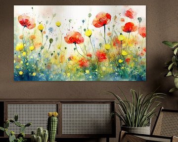 Aquarel schilderij: Klaprozen en boterbloemen in het gras van Studio Pieternel