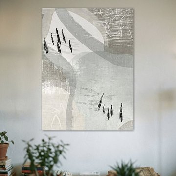 Abstrakte Malerei mit Pastelltönen von Salbeigrün, Beige und Creme mit Texturen