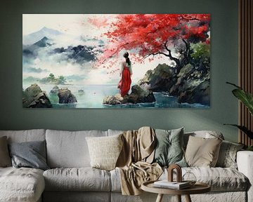 Very beautiful beautiful landscape with water and mountains and a woman by Art Bizarre