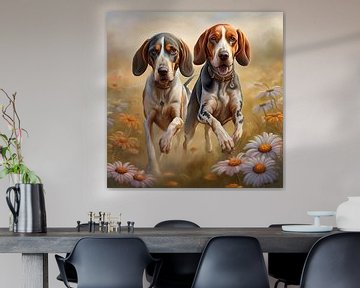 American English Coonhound spelend in een bloemenveld van Johanna's Art