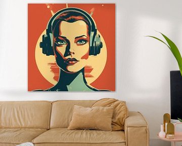 Vrouw in vintage robot sciencefiction poster stijl van Art Bizarre