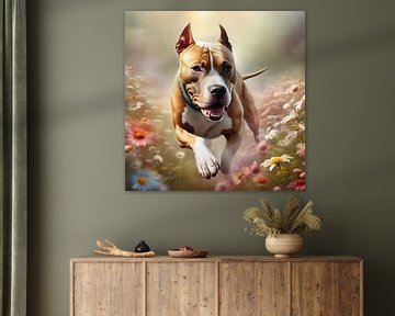 Amerikaanse Staffordshire Terrier spelend in een bloemenveld van Johanna's Art