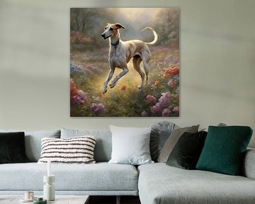 Arabische Greyhound spelend in een bloemenveld van Johanna's Art