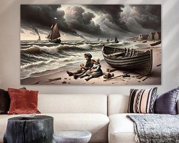 Kinderen op stormachtig Nederlandse strand 1870 van Mike