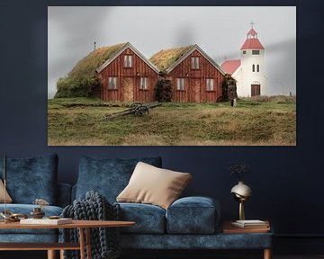 18th century farmhouse with church in Glaumbaer, Iceland. by Wim van Gerven