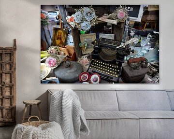 Brocante stall with typewriter by Blond Beeld