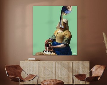 Vermeer zusjes popart Meisje met de Parel, Melkmeisje - groen van Miauw webshop