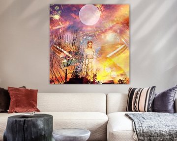 Coucher de soleil mystique - Impression sur toile carrée avec l'impression d'un ange et la magie du tarot