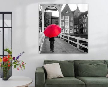 Stadfoto van Zwolle met rode paraplu
