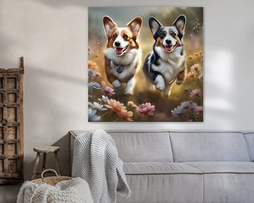 Cardigan Welsh Corgi spelend in een bloemenveld van Johanna's Art