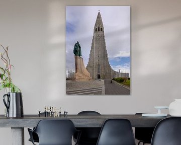 Leif Eriksson and the Hallgrimskirkja in Reykjavik, Iceland