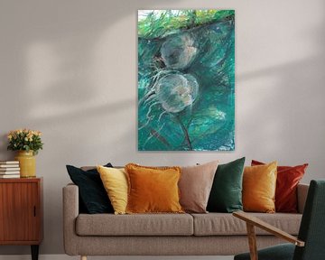 Jellyfish in the wondrous underwater world. Hand-painted with oil pastel. by Ineke de Rijk