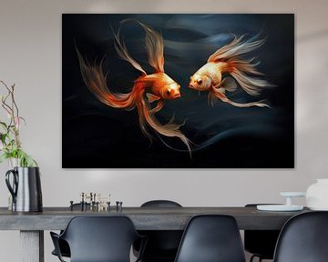 Golden Splendour - Zwei Goldfische mit dunklem Hintergrund von Digitale Schilderijen