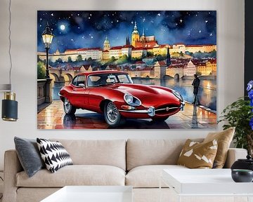 Jaguar e-Type rouge de nuit à Prague sur DeVerviers
