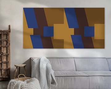 70s Retro funky geometric abstract pattern in cobalt blue, ocher, gold, brown by Dina Dankers