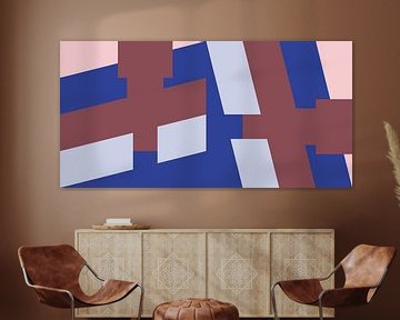 70s Retro funky geometric abstract pattern in pink, cobalt blue, warm red brown sur Dina Dankers