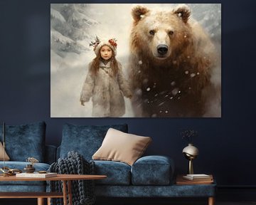 Winter landscape with a bear and a girl by Carla Van Iersel