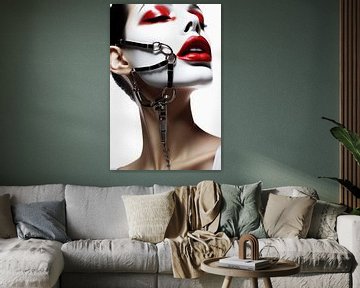 Digitaal creëerde hele mooie vrouw met bizarre fetisj masker in high fashion stijl van Art Bizarre