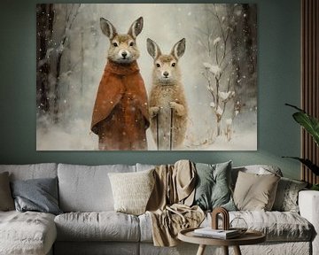 Two hares in a winter landscape by Carla Van Iersel