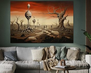 Landschap surrealistisch abstract en bizarre met buitenaards leven van Art Bizarre
