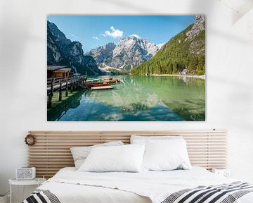 Prager Wildsee in the Dolomites with the floor and the footbridge by Leo Schindzielorz