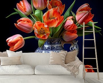Delfts Blauwe vaas met rode voorjaars tulpen van Vlindertuin-Art