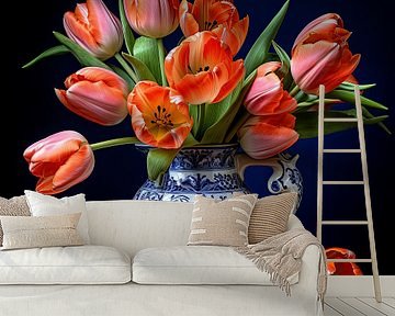 Delfter Blau Vase mit roten Frühlingstulpen von Vlindertuin Art