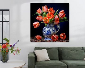 Delfts Blauwe vaas met rode voorjaars tulpen van Vlindertuin-Art