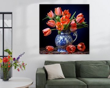 Delft Blue vase with red spring tulips by Vlindertuin Art