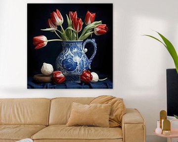 Tulipmania et vase bleu de Delft sur Vlindertuin Art