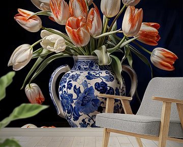 Delfts blauwe vaas met rood witte tulpen van Vlindertuin-Art