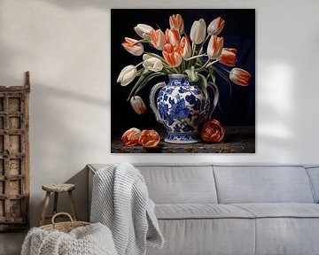 Delfter Blau Vase mit roten und weißen Tulpen von Vlindertuin Art