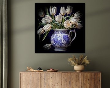 Tulip mania and Delft blue pottery still life by Vlindertuin Art