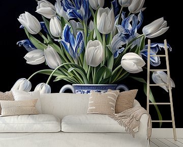 Delfts blauw aardewerk en tulpen stilleven van Vlindertuin-Art