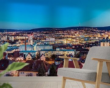 Panorama-opname van de skyline van Stuttgart bij nacht van Werner Dieterich