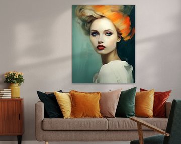 Portrait en gros plan d'une jeune femme à l'accent orange sur Carla Van Iersel