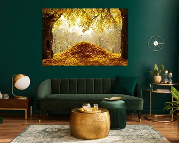 Golden light illuminates piles of leaves and trees by Besa Art