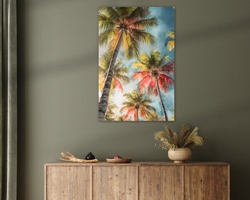 Palmbomen in warme kleuren tegen een blauwe lucht