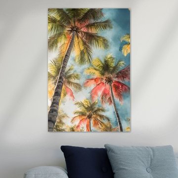 Palm trees in warm colours against a blue sky