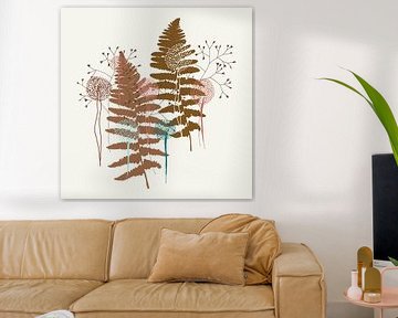 Nordic retro botanical. Fern leaves and flowers in gold and mustard. by Dina Dankers