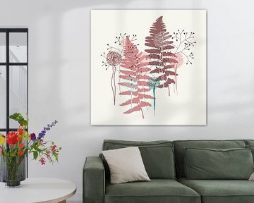 Nordic retro botanical. Fern leaves and flowers in pink and wine red by Dina Dankers